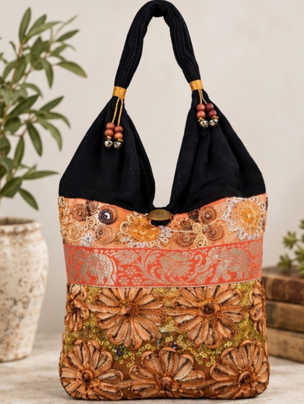 Boho Embroidered Elephant Slouchy Sling Bag Sequin Accents